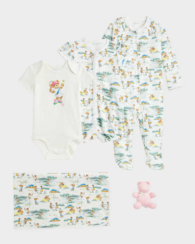 Girl's Interlock Bear 4-Piece Gift Box Set, Size Newborn-9